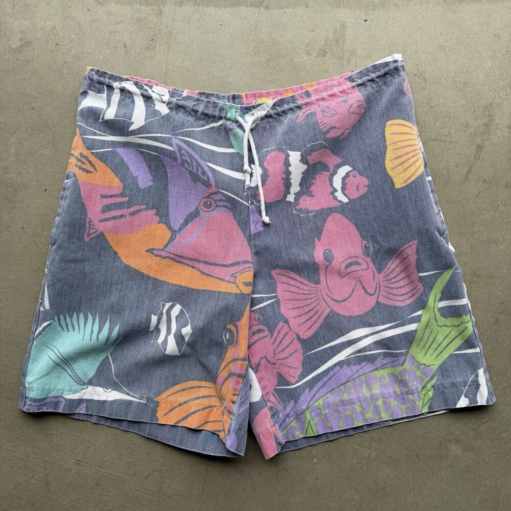 Vintage 90s Michigan Rag Shorts Mens S Tropical Fish Exotic All Over Print USA